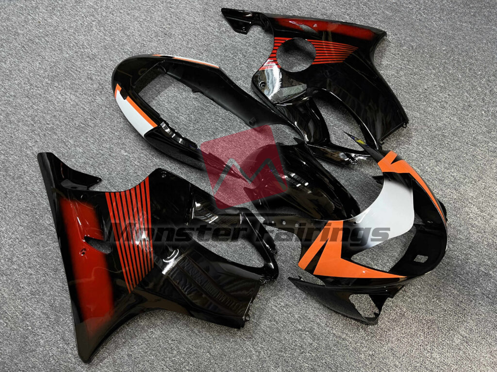 1999 - 2000 Honda CBR600 F4 Gloss Black & Red Orange White fairing set - ABS injection, custom painted by Monster Fairings