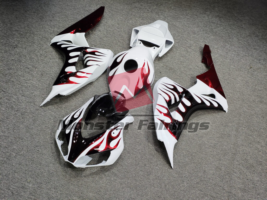 Honda CBR1000RR custom ABS fairings 2006 - 2007 in Gloss White & Red With Black Flames - durable replacement kit, Monster Fairings