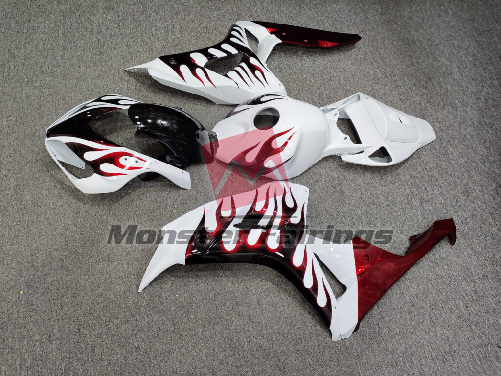 2006 - 2007 Honda CBR1000RR Gloss White & Red With Black Flames fairing set - ABS injection, custom painted by Monster Fairings