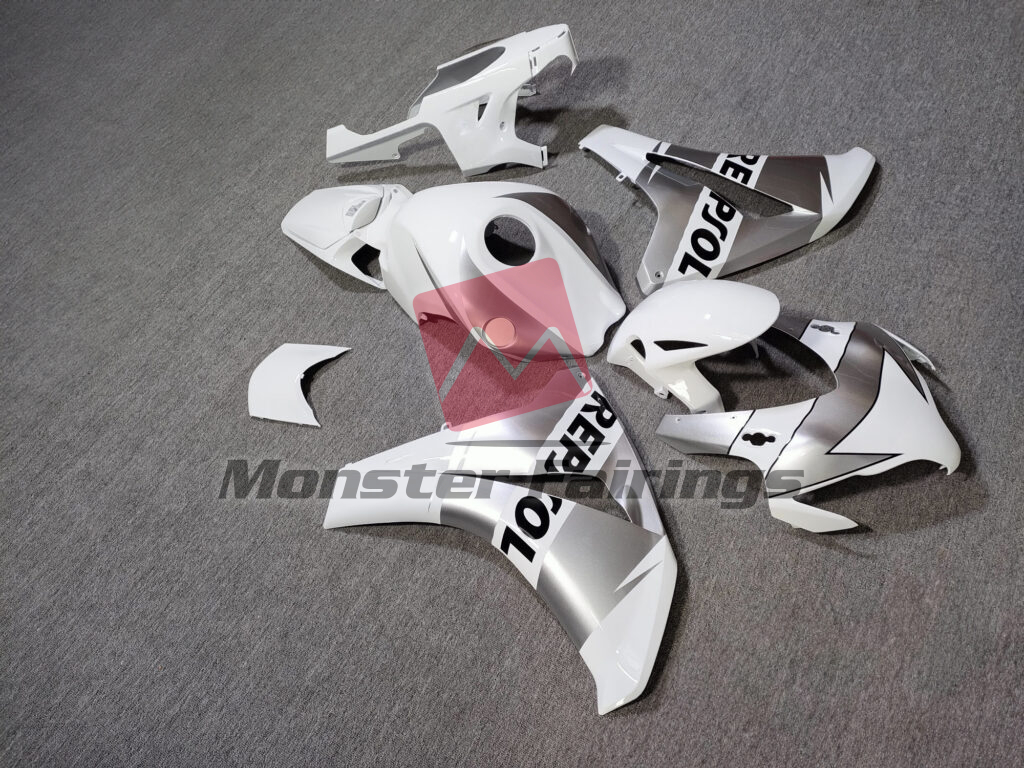 Honda CBR1000RR custom ABS fairings 2008 - 2011 in Gloss White & Silver Repsol - durable replacement kit, Monster Fairings