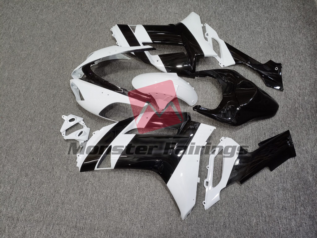 2007 - 2008 Kawasaki ZX6R Gloss White & Black fairing set - ABS injection, custom painted by Monster Fairings