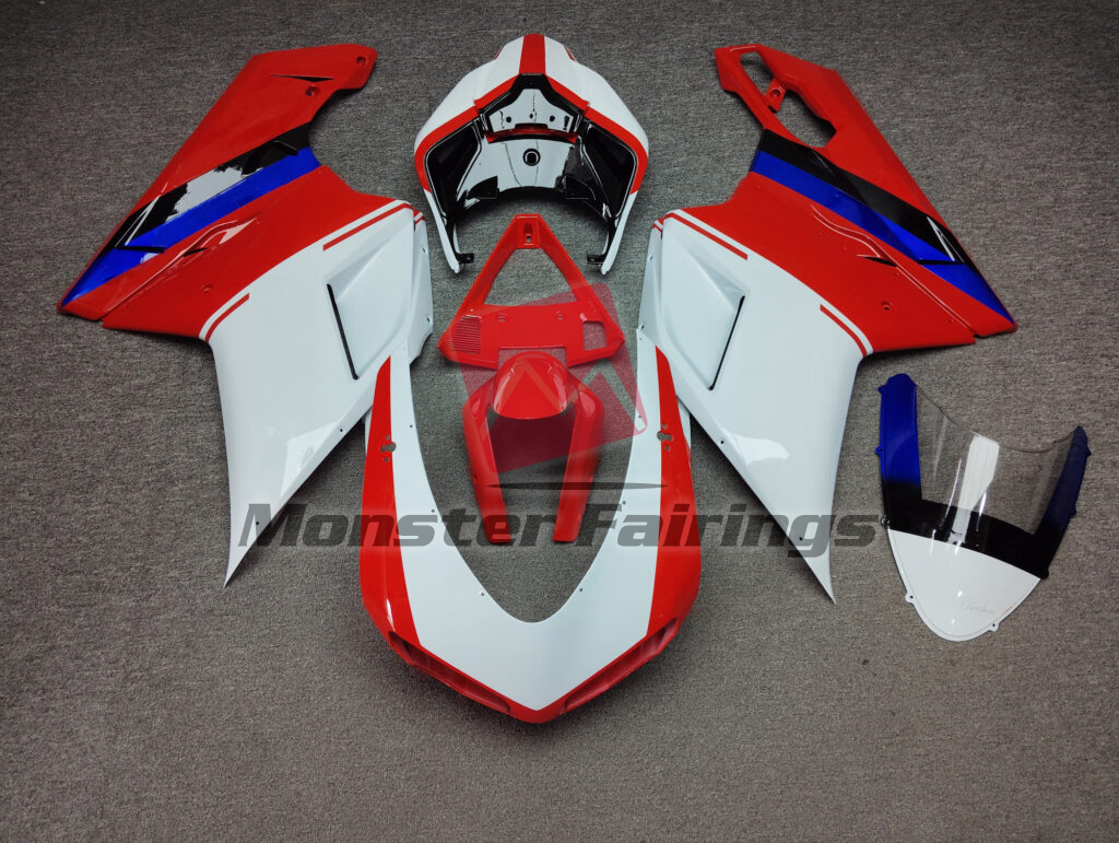 Ducati 848 1098 1198 2007 - 2012 Gloss White & Red with Black ABS fairings - custom motorcycle bodywork kit by Monster Fairings