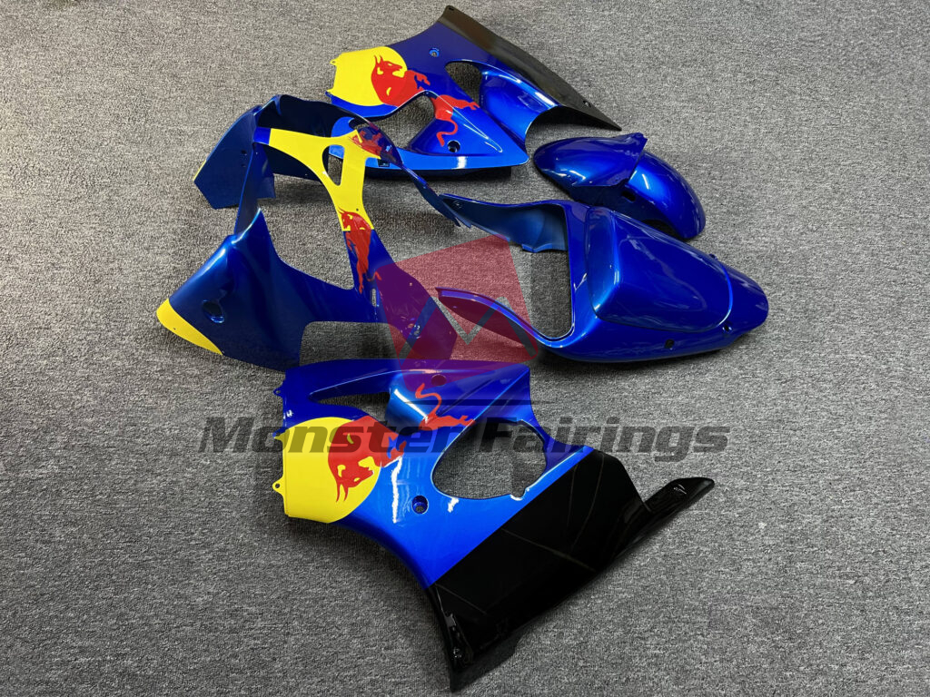 2000 - 2002 Kawasaki ZX6R Gloss Blue & Black Yellow The Bull fairing set - ABS injection, custom painted by Monster Fairings