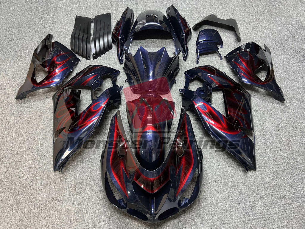 Kawasaki ZX14R 2006 - 2011 Gloss Dark Blue Red Flames ABS fairings - custom motorcycle bodywork kit by Monster Fairings