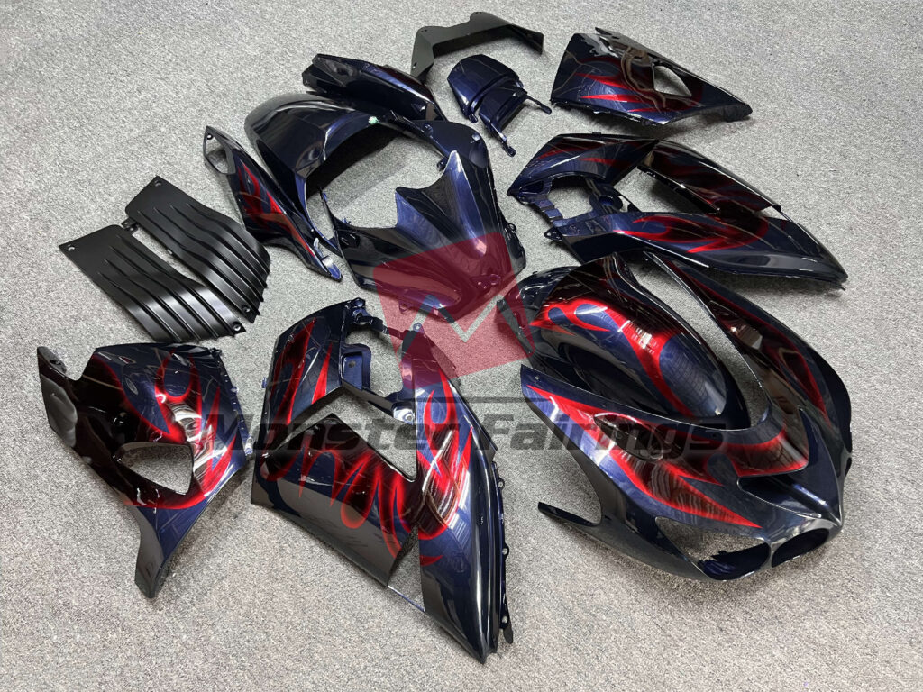 Kawasaki ZX14R custom ABS fairings 2006 - 2011 in Gloss Dark Blue Red Flames - durable replacement kit, Monster Fairings