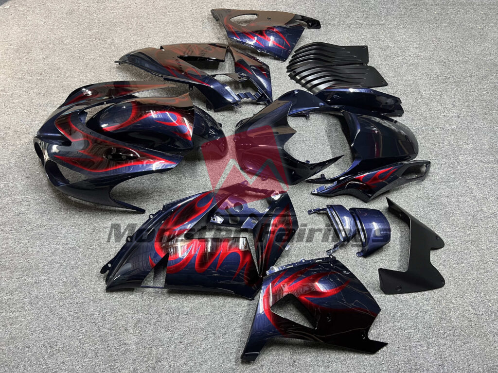 2006 - 2011 Kawasaki ZX14R Gloss Dark Blue Red Flames fairing set - ABS injection, custom painted by Monster Fairings