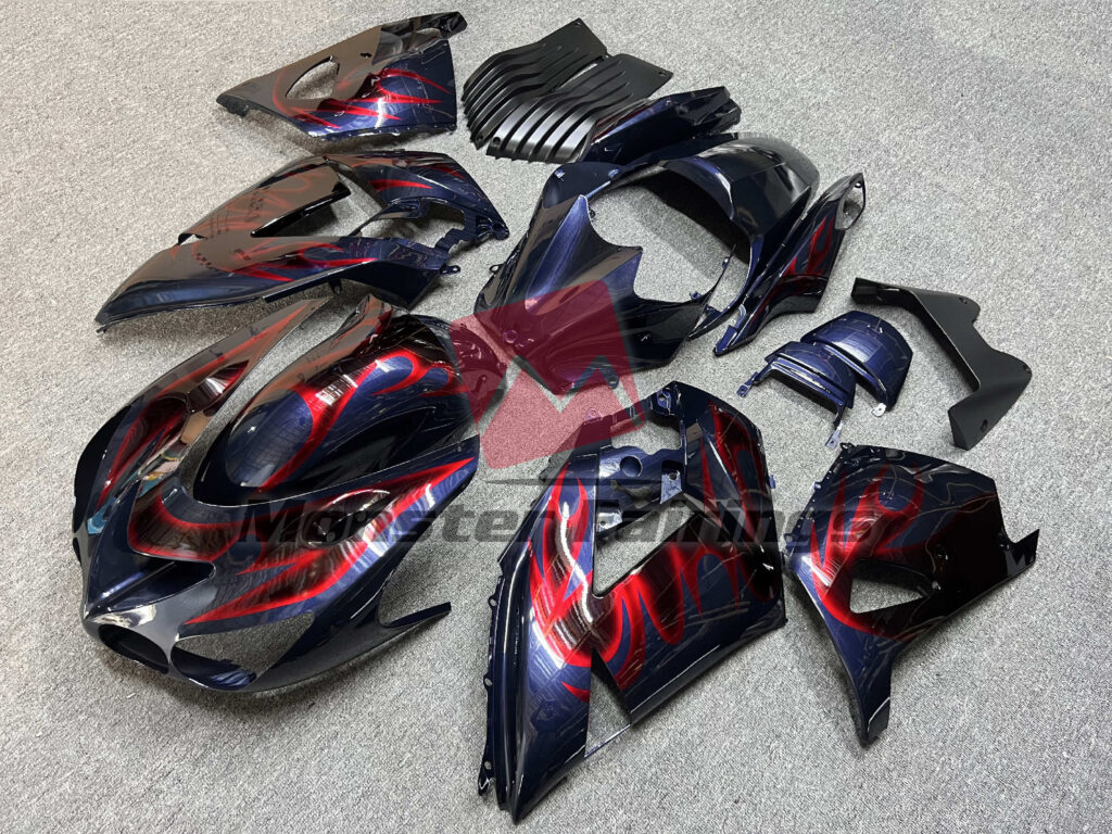 Gloss Dark Blue Red Flames ABS fairings for Kawasaki ZX14R 2006 - 2011 - premium OEM fit kit by Monster Fairings