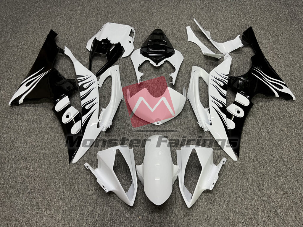 Yamaha R6 2008 - 2016 Gloss White with Black Flames ABS fairings - custom motorcycle bodywork kit by Monster Fairings
