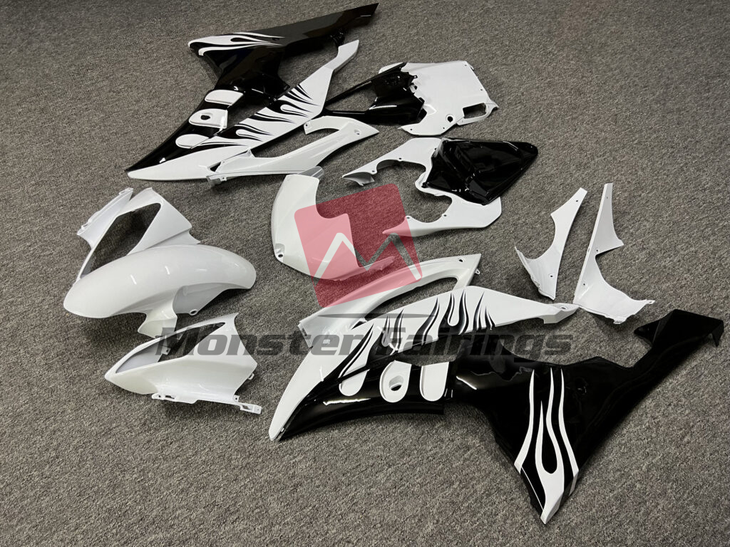 Yamaha R6 custom ABS fairings 2008 - 2016 in Gloss White with Black Flames - durable replacement kit, Monster Fairings