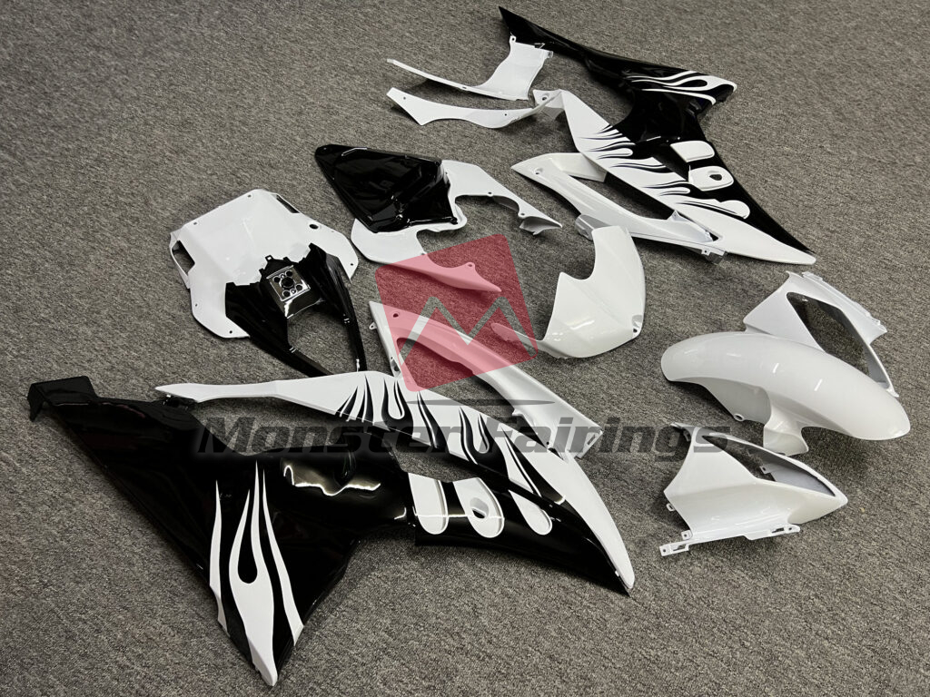 Gloss White with Black Flames ABS fairings for Yamaha R6 2008 - 2016 - premium OEM fit kit by Monster Fairings