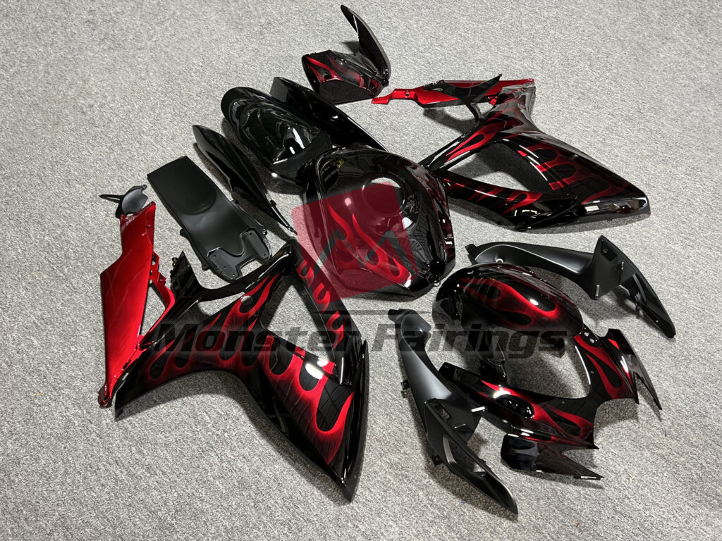 Suzuki GSXR custom ABS fairings 2006 - 2007 in Gloss Black With Red Flames - durable replacement kit, Monster Fairings