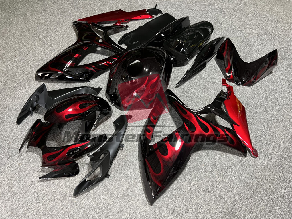 Gloss Black With Red Flames ABS fairings for Suzuki GSXR 600 - 750 2006 - 2007 - premium OEM fit kit by Monster Fairings