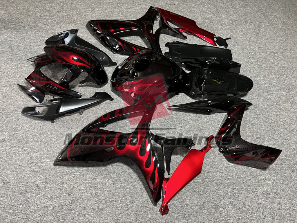 2006 - 2007 Suzuki GSXR Gloss Black With Red Flames fairing set - ABS injection, custom painted by Monster Fairings