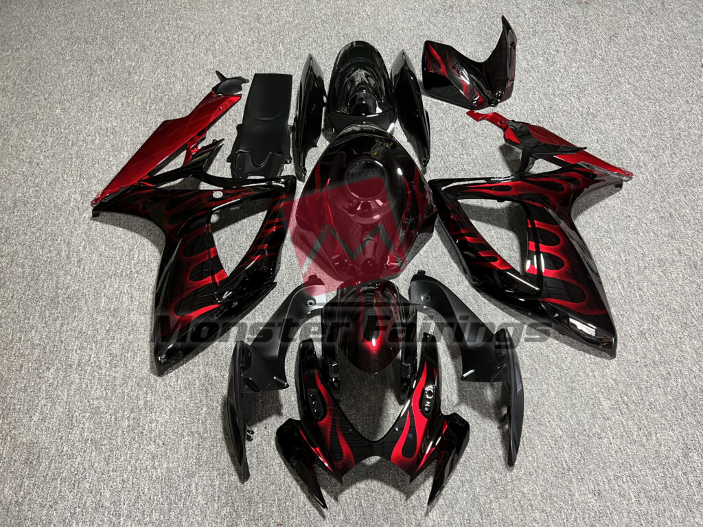 Suzuki GSXR 600 - 750 2006 - 2007 Gloss Black With Red Flames ABS fairings - custom motorcycle bodywork kit by Monster Fairings