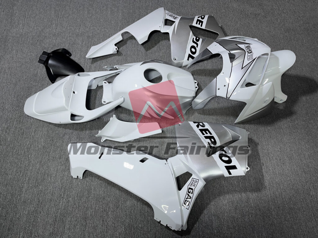 2005 - 2006 Honda CBR600RR Gloss White & Silver Repsol fairing set - ABS injection, custom painted by Monster Fairings