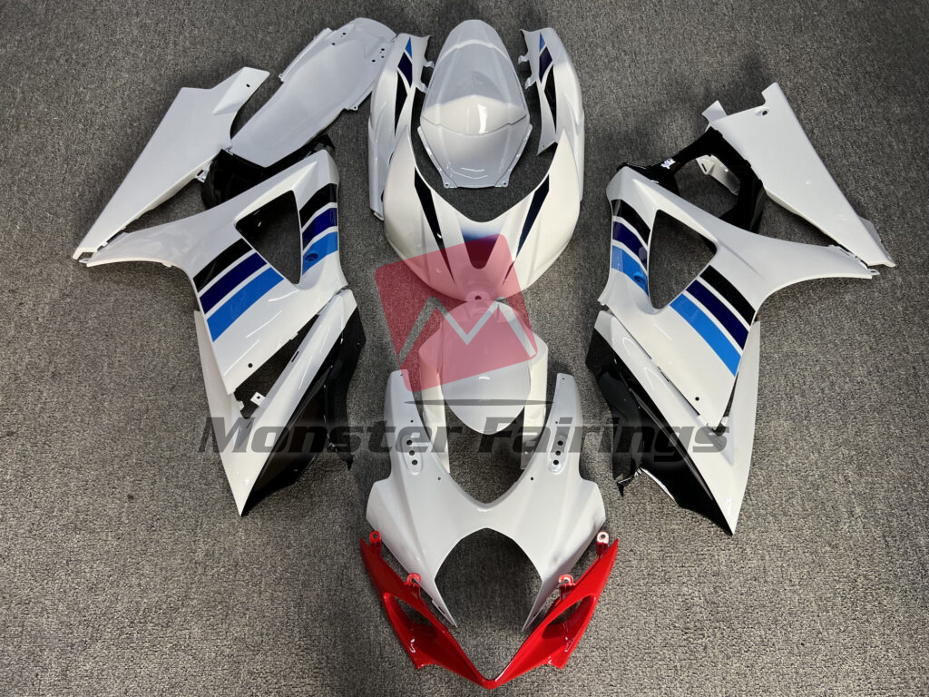 Suzuki GSXR 1000 2007 - 2008 Gloss White With Blue & Black ABS fairings - custom motorcycle bodywork kit by Monster Fairings
