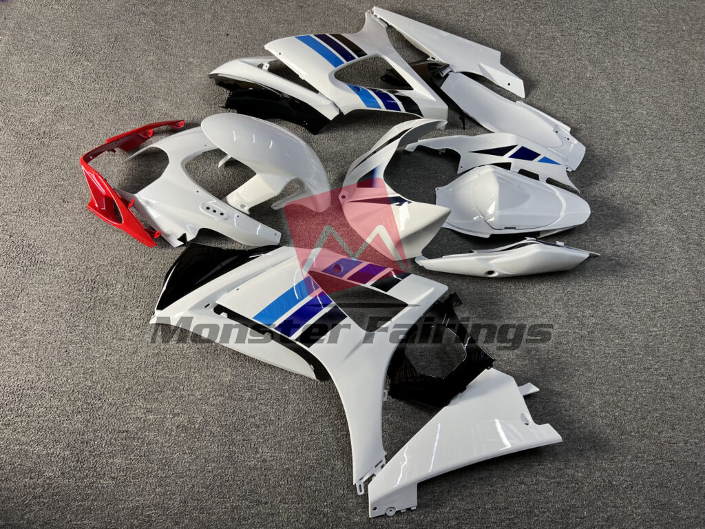 2007 - 2008 Suzuki GSXR 1000 Gloss White With Blue & Black fairing set - ABS injection, custom painted by Monster Fairings