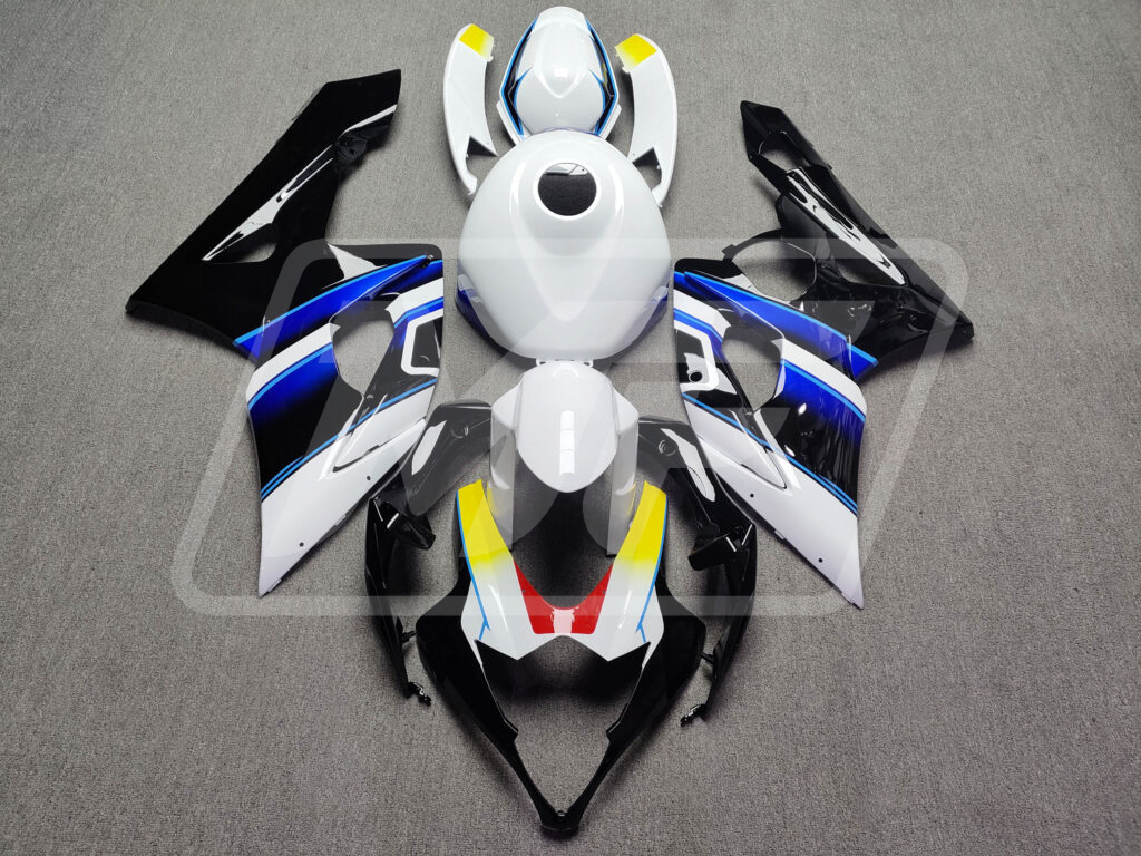 Suzuki GSXR 1000 2005 - 2006 Gloss Black & White with Blue & Yellow ABS fairings - custom motorcycle bodywork kit by Monster Fairings