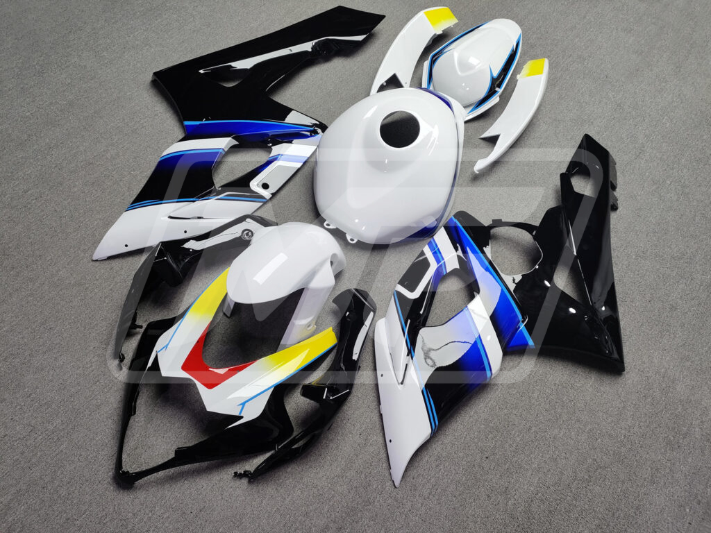 Suzuki GSXR 1000 custom ABS fairings 2005 - 2006 in Gloss Black & White with Blue & Yellow - durable replacement kit, Monster Fairings