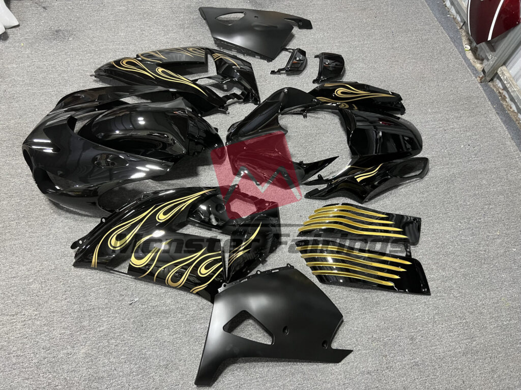 2006 - 2011 Kawasaki ZX14R Black Gold fairing set - ABS injection, custom painted by Monster Fairings