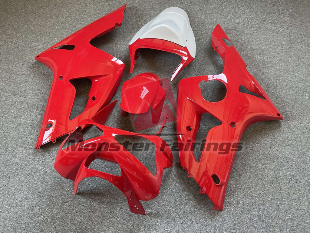 2003 - 2004 Kawasaki ZX6R Gloss Red & White fairing set - ABS injection, custom painted by Monster Fairings