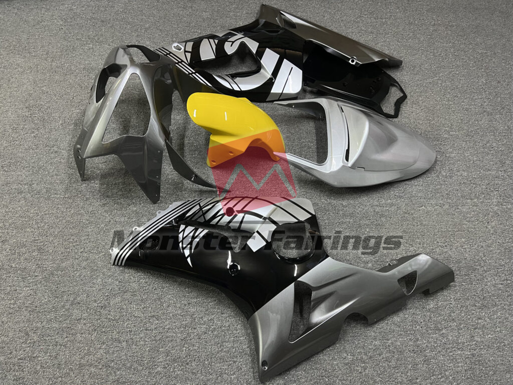Kawasaki ZX6R custom ABS fairings 2003 - 2004 in Gloss Grey & Black Yellow - durable replacement kit, Monster Fairings