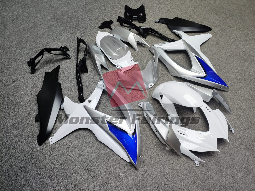 Suzuki GSXR custom ABS fairings 2008 - 2010 in Gloss White & Silver With Blue - durable replacement kit, Monster Fairings