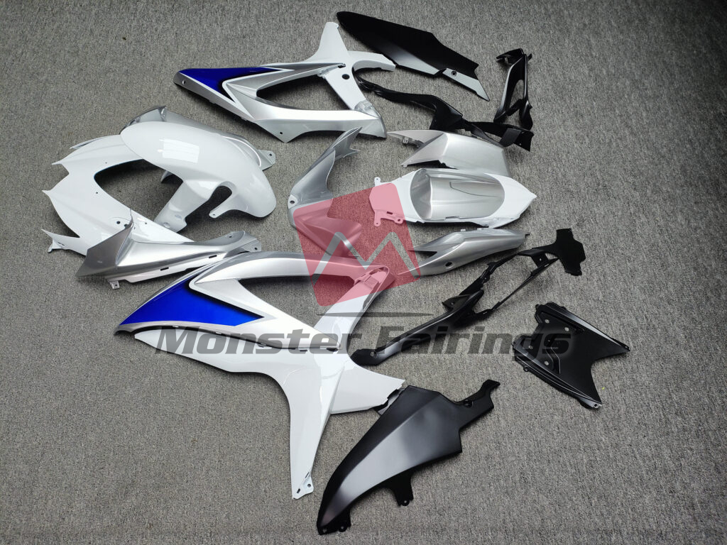 2008 - 2010 Suzuki GSXR Gloss White & Silver With Blue fairing set - ABS injection, custom painted by Monster Fairings
