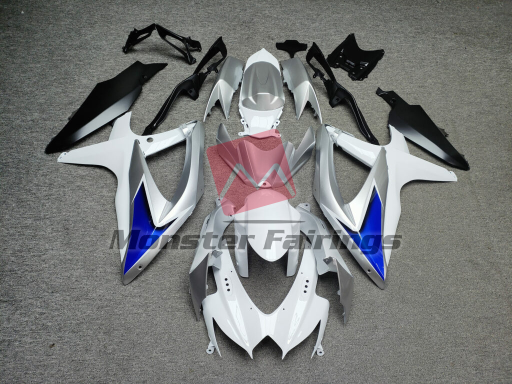 Suzuki GSXR 600 - 750 2008 - 2010 Gloss White & Silver With Blue ABS fairings - custom motorcycle bodywork kit by Monster Fairings