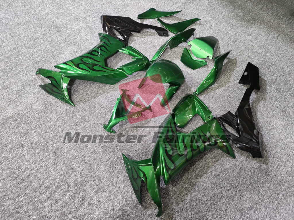2008 - 2010 Kawasaki ZX10R Green Flame fairing set - ABS injection, custom painted by Monster Fairings