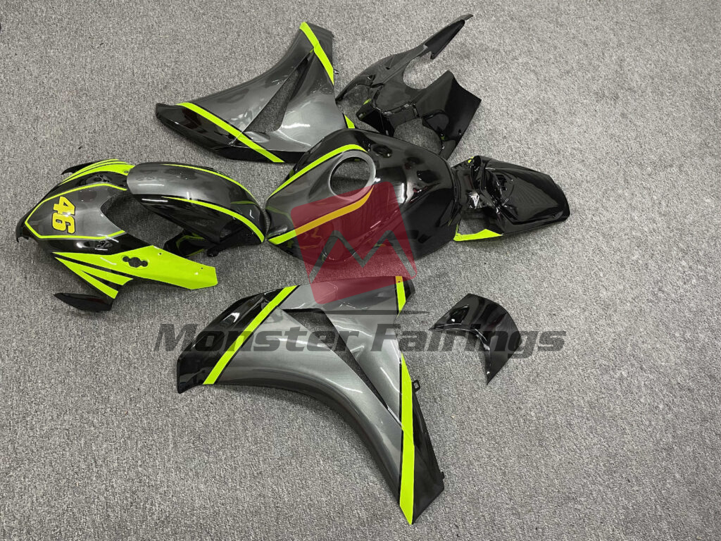 2008 - 2011 Honda CBR1000RR Gloss Black & Grey with High Viz Green fairing set - ABS injection, custom painted by Monster Fairings