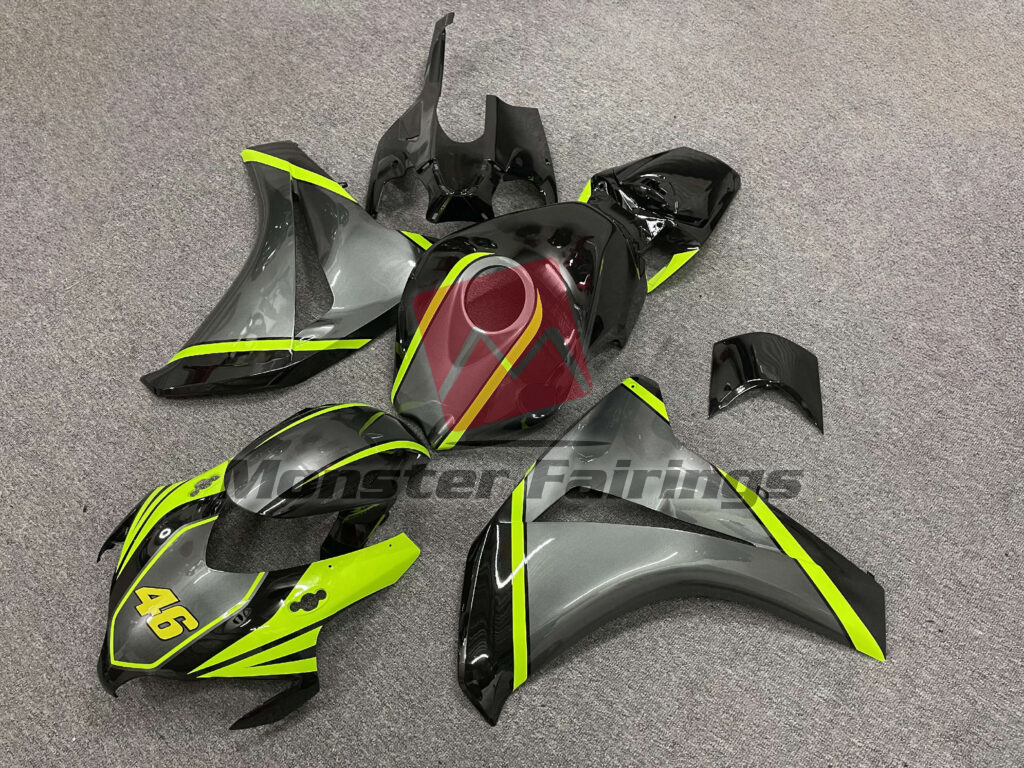 Honda CBR1000RR custom ABS fairings 2008 - 2011 in Gloss Black & Grey with High Viz Green - durable replacement kit, Monster Fairings