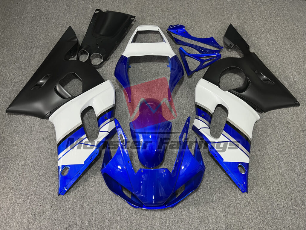 Yamaha R6 1998 - 2002 Gloss Blue & White with Matte Black ABS fairings - custom motorcycle bodywork kit by Monster Fairings