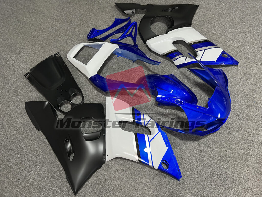 Yamaha R6 custom ABS fairings 1998 - 2002 in Gloss Blue & White with Matte Black - durable replacement kit, Monster Fairings