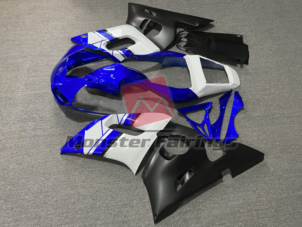 1998 - 2002 Yamaha R6 Gloss Blue & White with Matte Black fairing set - ABS injection, custom painted by Monster Fairings