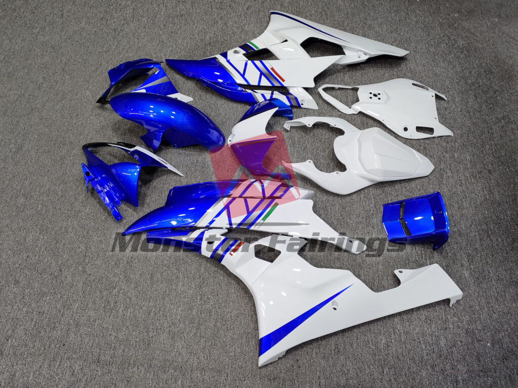 2006 - 2007 Yamaha R6 Gloss White & Blue fairing set - ABS injection, custom painted by Monster Fairings