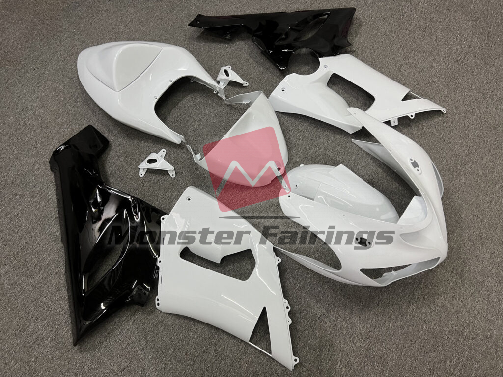 2005 - 2006 Kawasaki ZX6R Gloss White Black fairing set - ABS injection, custom painted by Monster Fairings