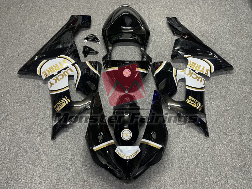 Kawasaki ZX6R 2005 - 2006 Gloss Black White & Gold Lucky Strike ABS fairings - custom motorcycle bodywork kit by Monster Fairings
