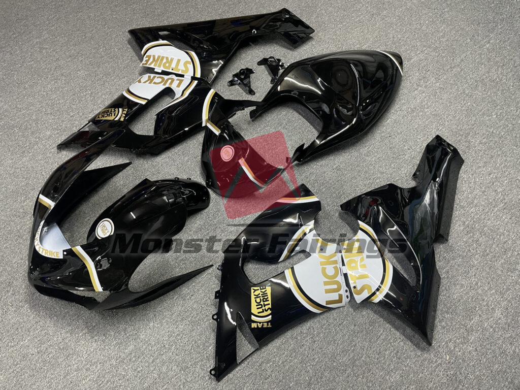 Gloss Black White & Gold Lucky Strike ABS fairings for Kawasaki ZX6R 2005 - 2006 - premium OEM fit kit by Monster Fairings