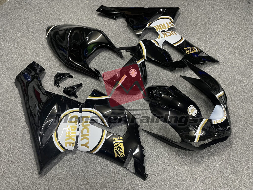 2005 - 2006 Kawasaki ZX6R Gloss Black White & Gold Lucky Strike fairing set - ABS injection, custom painted by Monster Fairings