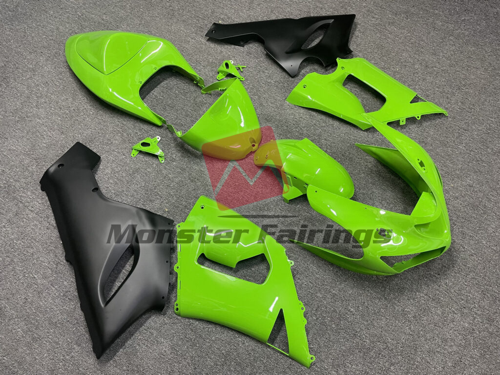 2005 - 2006 Kawasaki ZX6R Gloss Green Matte Black fairing set - ABS injection, custom painted by Monster Fairings