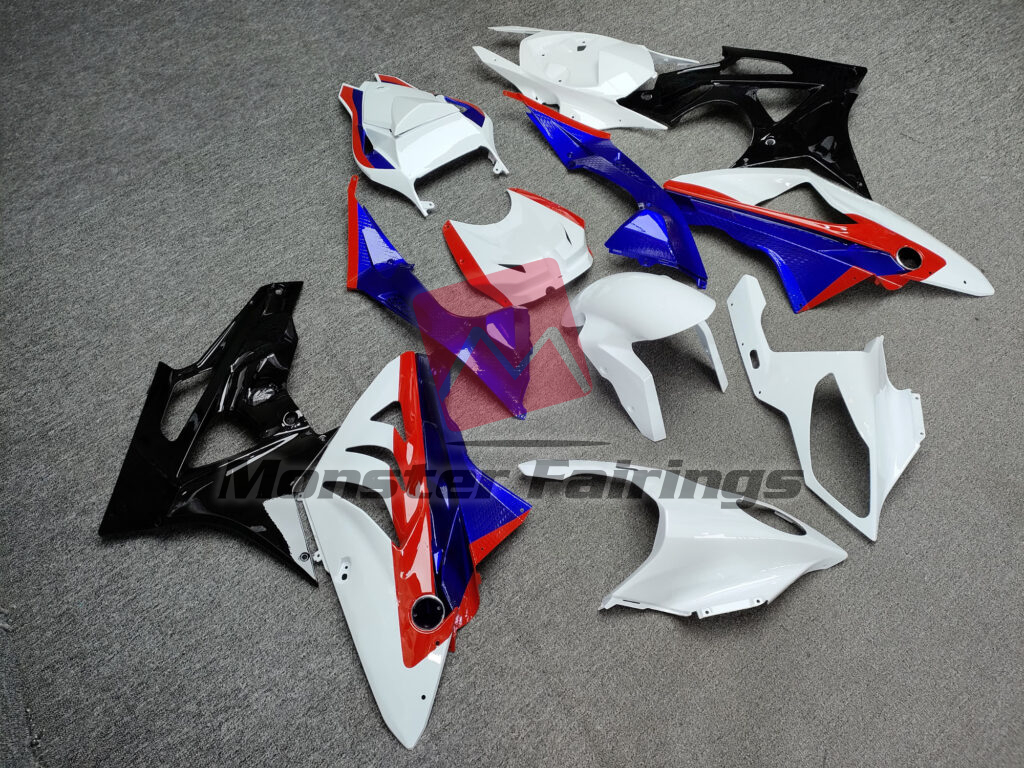 BMW S1000RR custom ABS fairings 2009 - 2014 in Gloss White, Black & Blue with Red - durable replacement kit, Monster Fairings