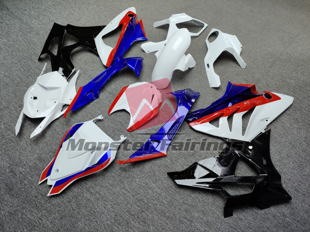 2009 - 2014 BMW S1000RR Gloss White, Black & Blue with Red fairing set - ABS injection, custom painted by Monster Fairings