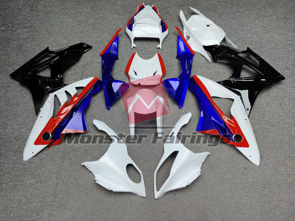 BMW S1000RR 2009 - 2014 Gloss White, Black & Blue with Red ABS fairings - custom motorcycle bodywork kit by Monster Fairings