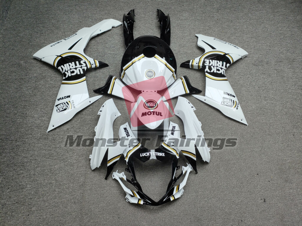 Suzuki GSXR 600 - 750 2011 - 2025 Gloss White & Black with Gold Lucky Strike ABS fairings - custom motorcycle bodywork kit by Monster Fairings