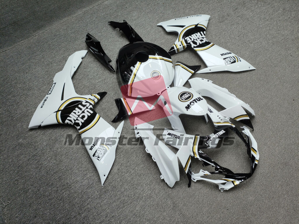 Gloss White & Black with Gold Lucky Strike ABS fairings for Suzuki GSXR 600 - 750 2011 - 2025 - premium OEM fit kit by Monster Fairings