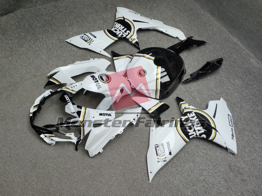 Suzuki GSXR custom ABS fairings 2011 - 2025 in Gloss White & Black with Gold Lucky Strike - durable replacement kit, Monster Fairings