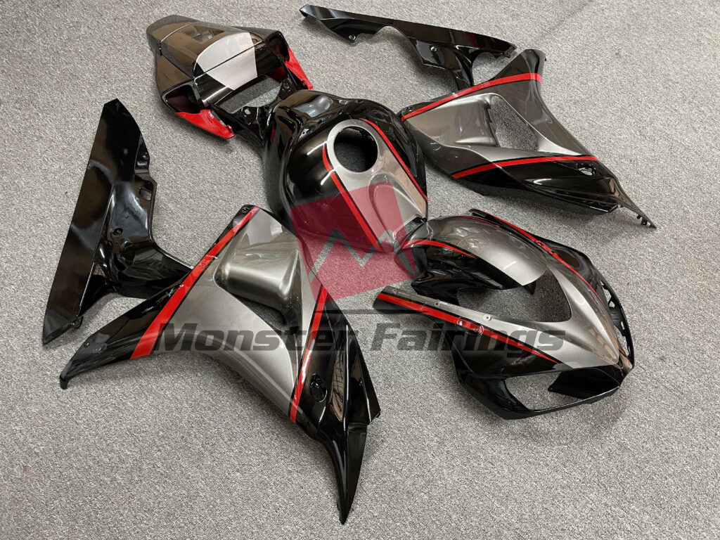 2006 - 2007 Honda CBR1000RR Gloss Black with Silver & Red fairing set - ABS injection, custom painted by Monster Fairings