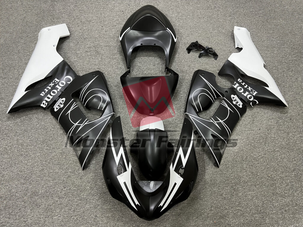 Kawasaki ZX6R 2005 - 2006 Matte Black & White Corona Extra ABS fairings - custom motorcycle bodywork kit by Monster Fairings