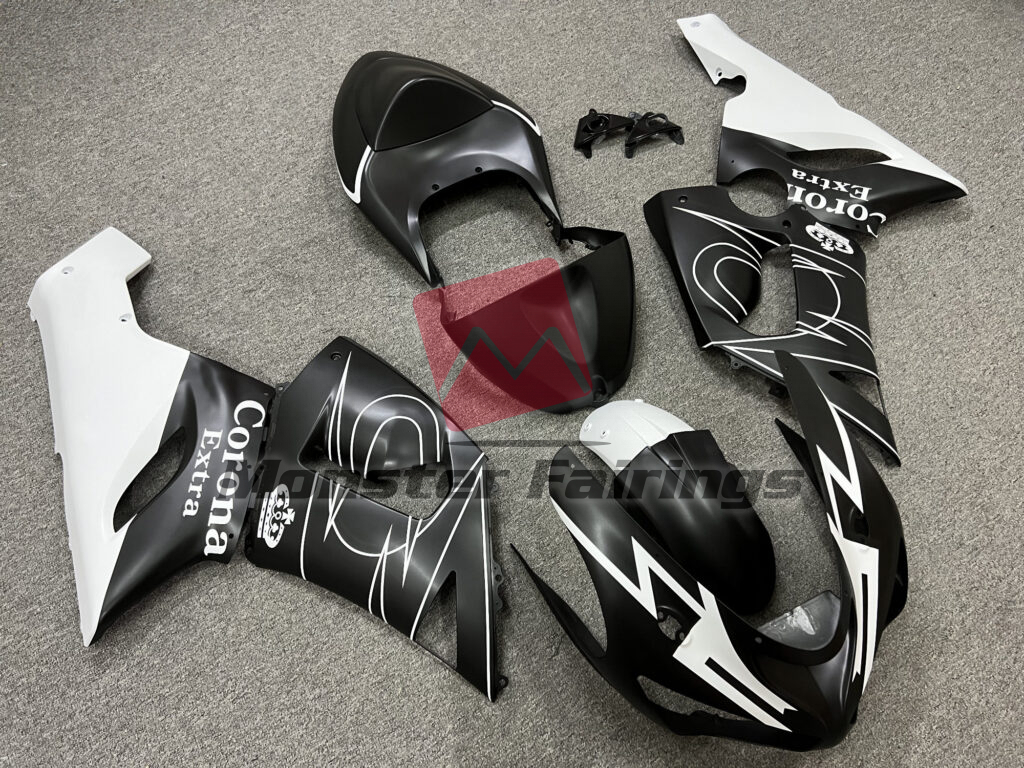Matte Black & White Corona Extra ABS fairings for Kawasaki ZX6R 2005 - 2006 - premium OEM fit kit by Monster Fairings